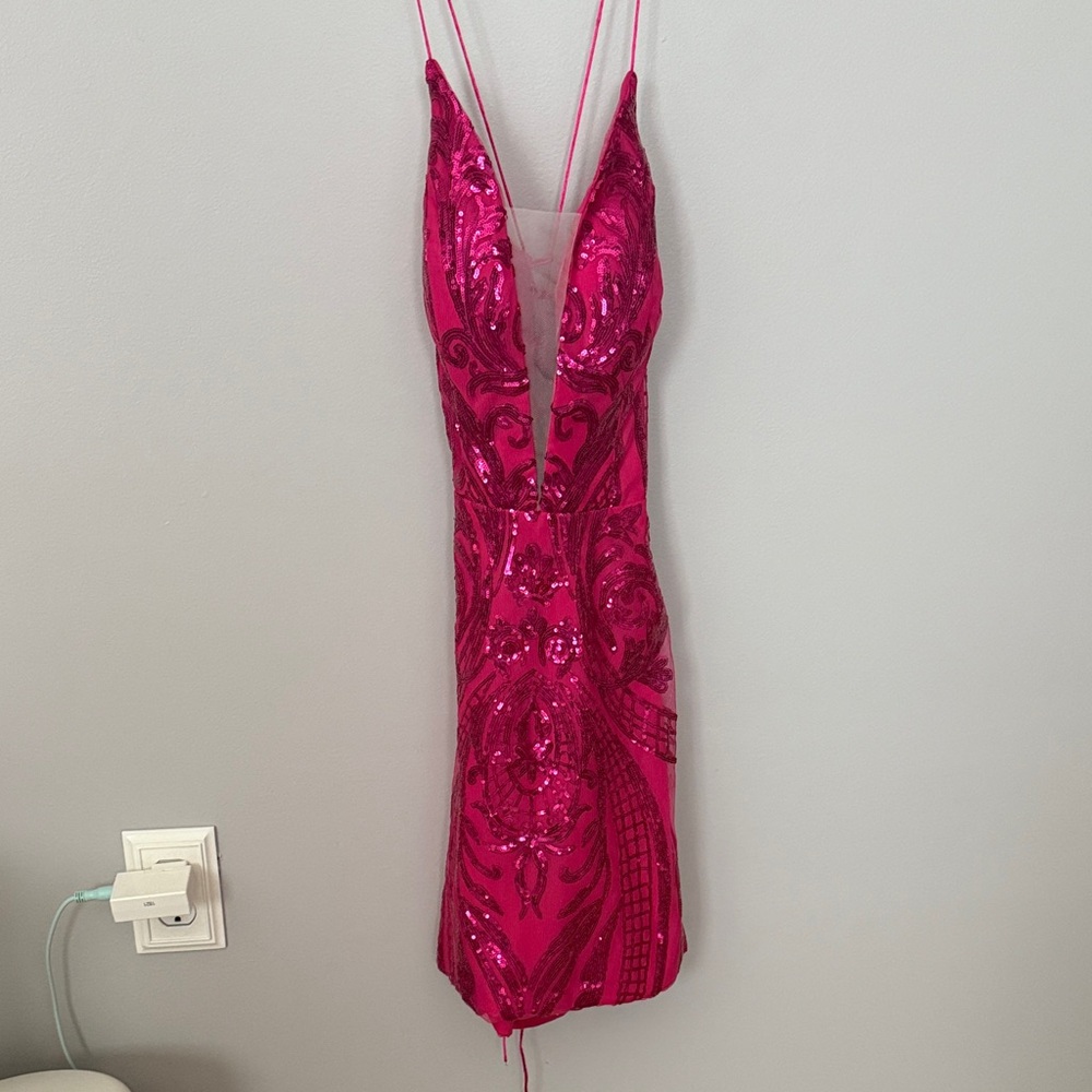 Amazon Hot Pink Sequin Plunge Mini Dress